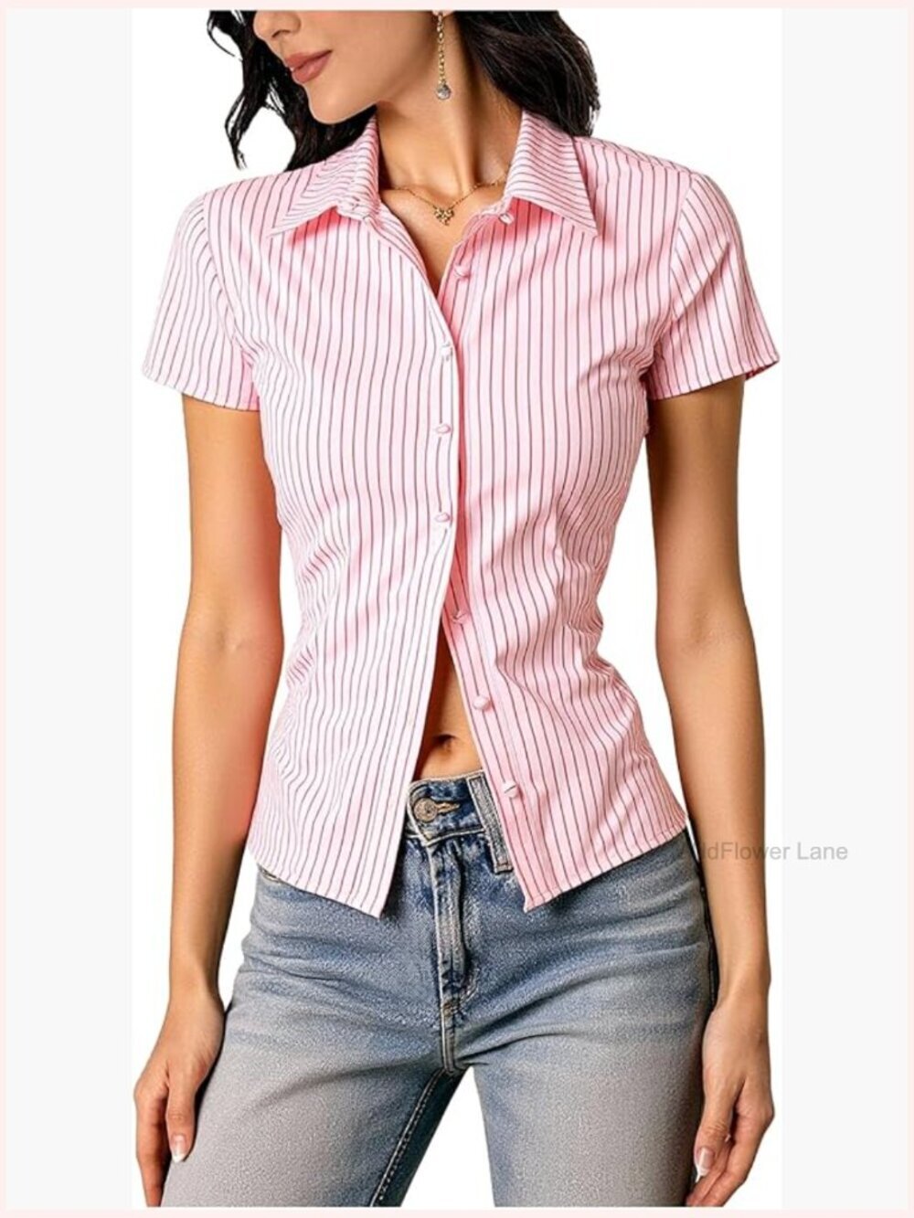 Striped Button Down Shirt Short Sleeve Collared Blouse Dressy Casual Top